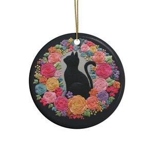 Floral Cat Silhouette Ornament Ceramic Heart Ornament | Floral Wreath Cat Xmas Decor Small Gift Idea Stocking Stuffer