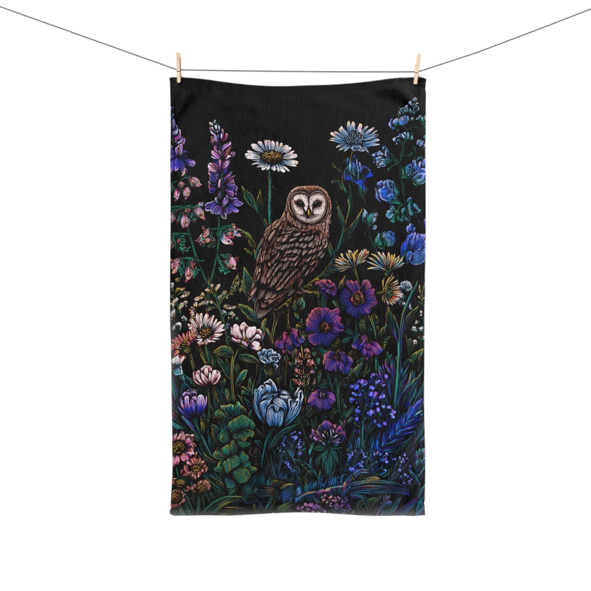 Night Owl Hand Towel Owl and Flowers Illustration House Warming Gift Wedding Anniversary Present Mom