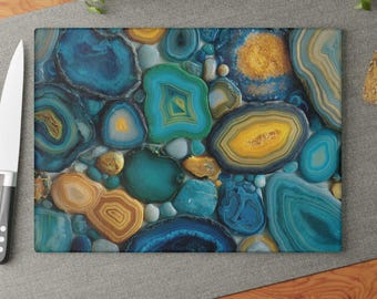 Tabla de cortar de vidrio con patrón de ágata azul y amarilla, decoración de cocina, decoración de piedra para el hogar, regalo de inauguración de la casa, opción para comprar varios