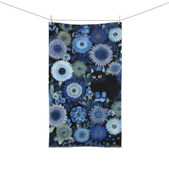 Blue Flowers and a Black Cat Hand Towel Floral Pattern Towel
