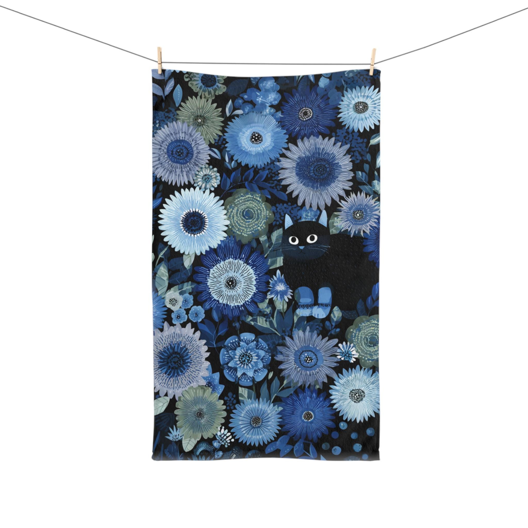 Blue Flowers and a Black Cat Hand Towel Floral Pattern Towel