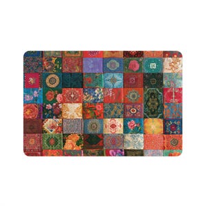 May include: A rectangular textile piece featuring a grid of numerous small, square fabric patches. Each patch displays a distinct, intricate pattern, including floral motifs, geometric shapes, and ornate designs in a vibrant array of colors.