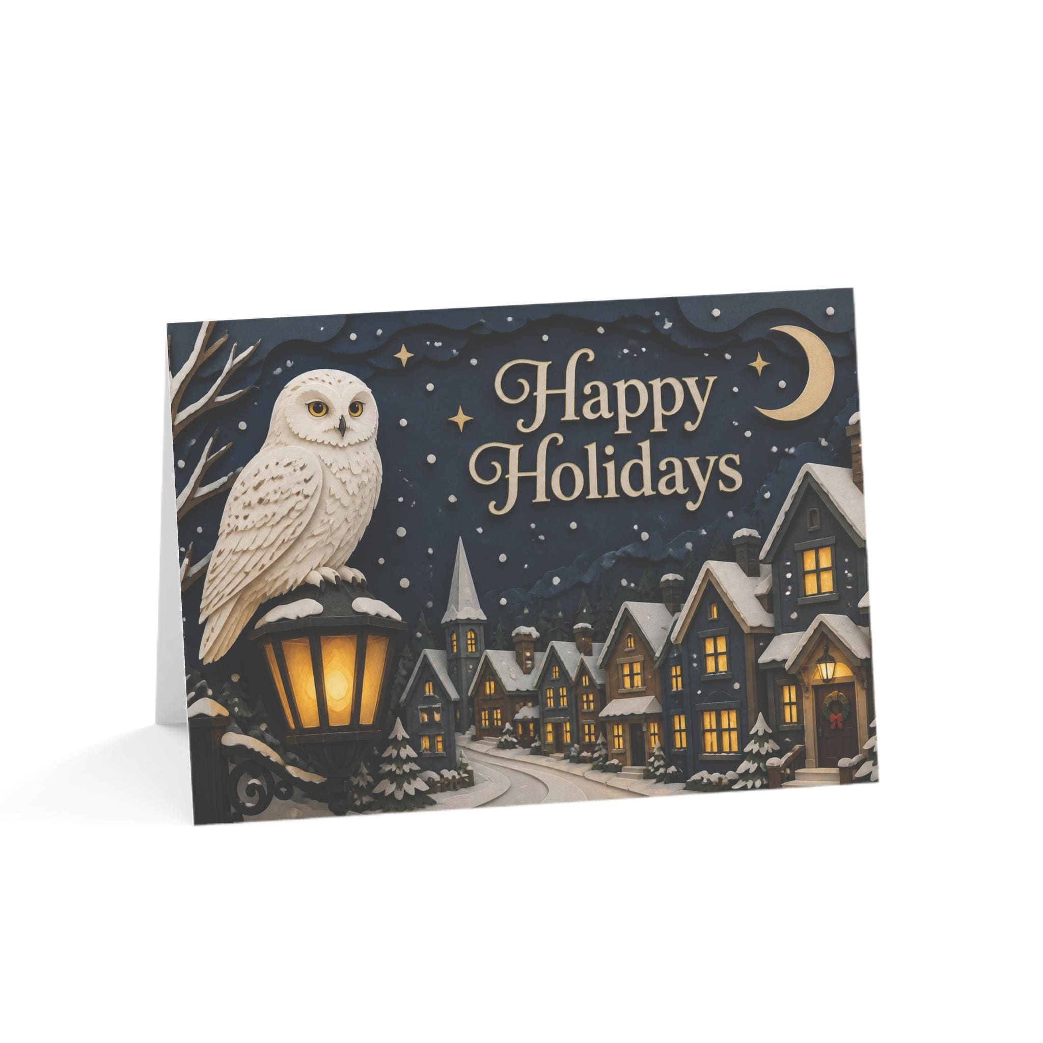 Owl Winter Village Happy Holidays Greeting Card 1, 10, 30, or 50 Holiday Cheer Thoughtful Gift Idea