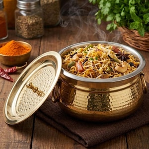 May include: A golden, hammered-metal serving bowl filled with a steaming rice dish, garnished with nuts and spices. The lid is partially open, revealing the contents. Spices and herbs surround the bowl, suggesting a flavorful meal.