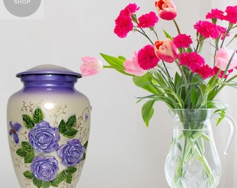 Adult Cremation Urn with Purple Rose embossed - Handcrafted Aluminum Memorial Urn for Human Ashes.