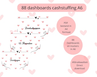 Digital download with 88 heart-shaped dashboards for cash management, A6 format, budget binder, budgeting, savings method, saving.