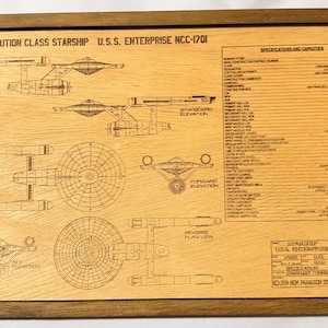 May include: Wooden framed artwork featuring schematics of the U.S.S. Enterprise NCC-1701 from Star Trek. The artwork includes various views and specifications of the starship, with text that reads "Constitution Class Starship".