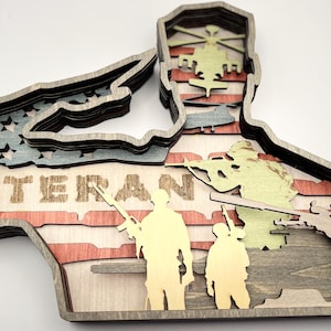 Veteran Laser Cut Wooden Sign | 3D Layered Military Wall Art | Patriotic Decor for Veterans, Military Gifts, Memorial Tribute