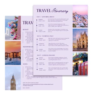 以下が含まれることがあります： 「TRAVEL Itinerary」と書かれた紫色のヘッダーが付いた旅行日程テンプレート。サントリーニ、フィレンツェ、ロンドンなどの目的地が含まれています。各場所の写真と予算セクションがあります。
