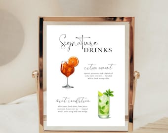 Letrero de bar con bebidas de autor, carta de cócteles, cóctel de autor, plantilla de menú de bar, letrero de bebida para boda, martini sucio, martini espresso