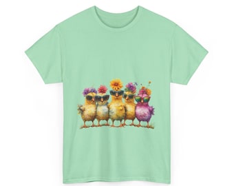 Camiseta de pollito, divertida camiseta de animales de granja con gafas de sol y flores, linda camiseta de pollito de estilo vintage, regalo para amantes de los animales, camiseta unisex de algodón grueso