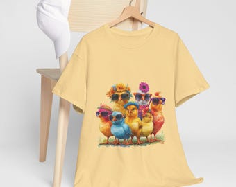 Camiseta de pollito, divertida camiseta de animales de granja con gafas de sol y flores, linda camiseta de pollito de estilo vintage, regalo para amantes de los animales, camiseta unisex de algodón grueso