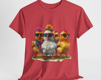 Camiseta de pollito, divertida camiseta de animales de granja con gafas de sol y flores, linda camiseta de pollito de estilo vintage, regalo para amantes de los animales, camiseta unisex de algodón grueso