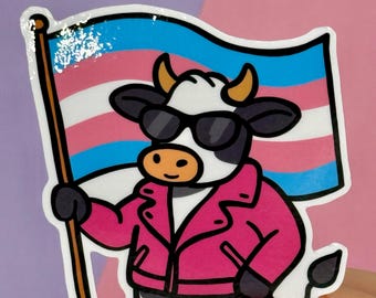 Adesivo de Vaca do Orgulho Trans - Direitos Trans - Adesivo de Vinil Impermeável - Solidariedade LGBTQ+ - 1 Unidade