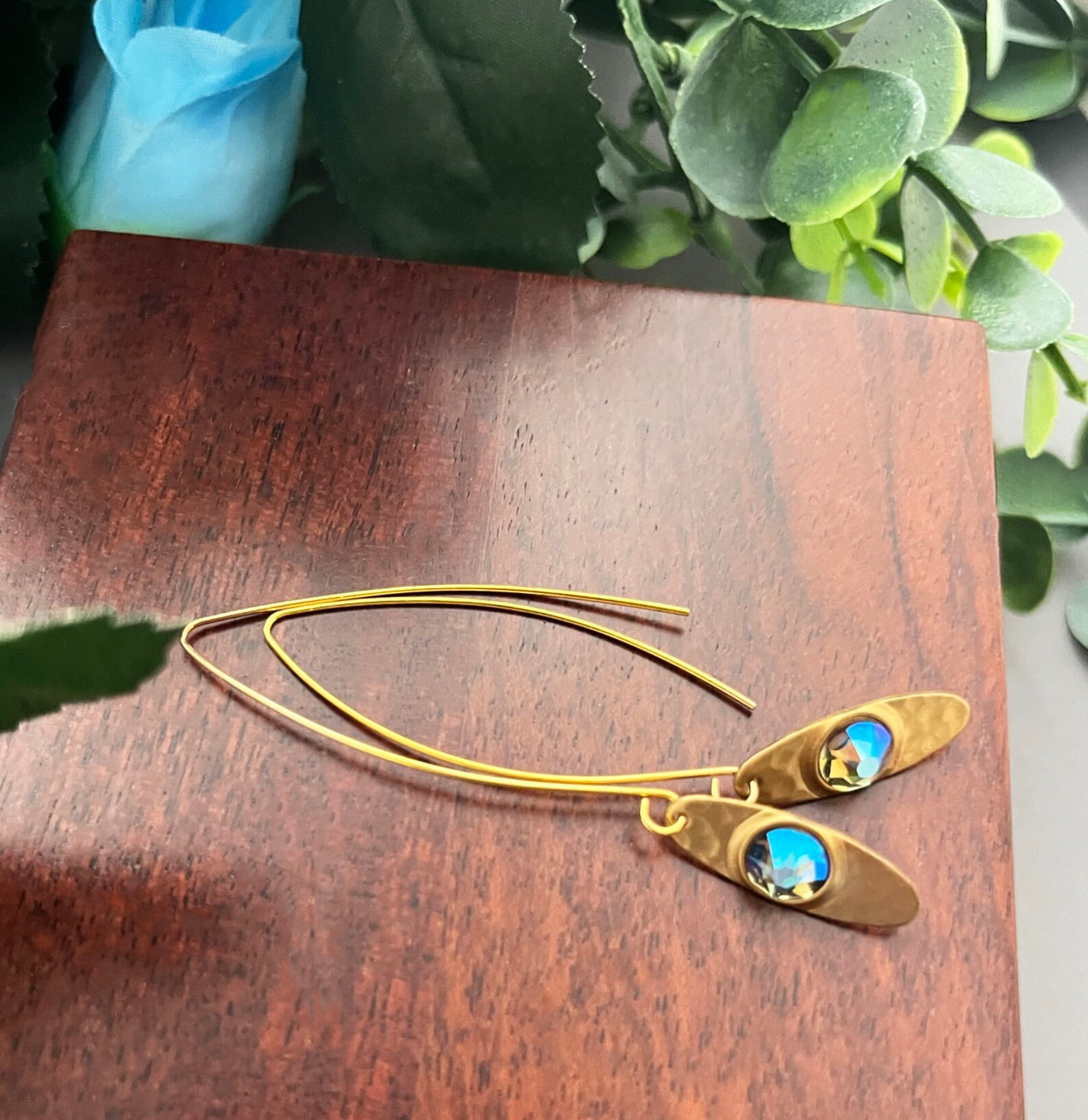 Gold Earrings Long Gold Earrings Gold and Blue Earrings - Etsy