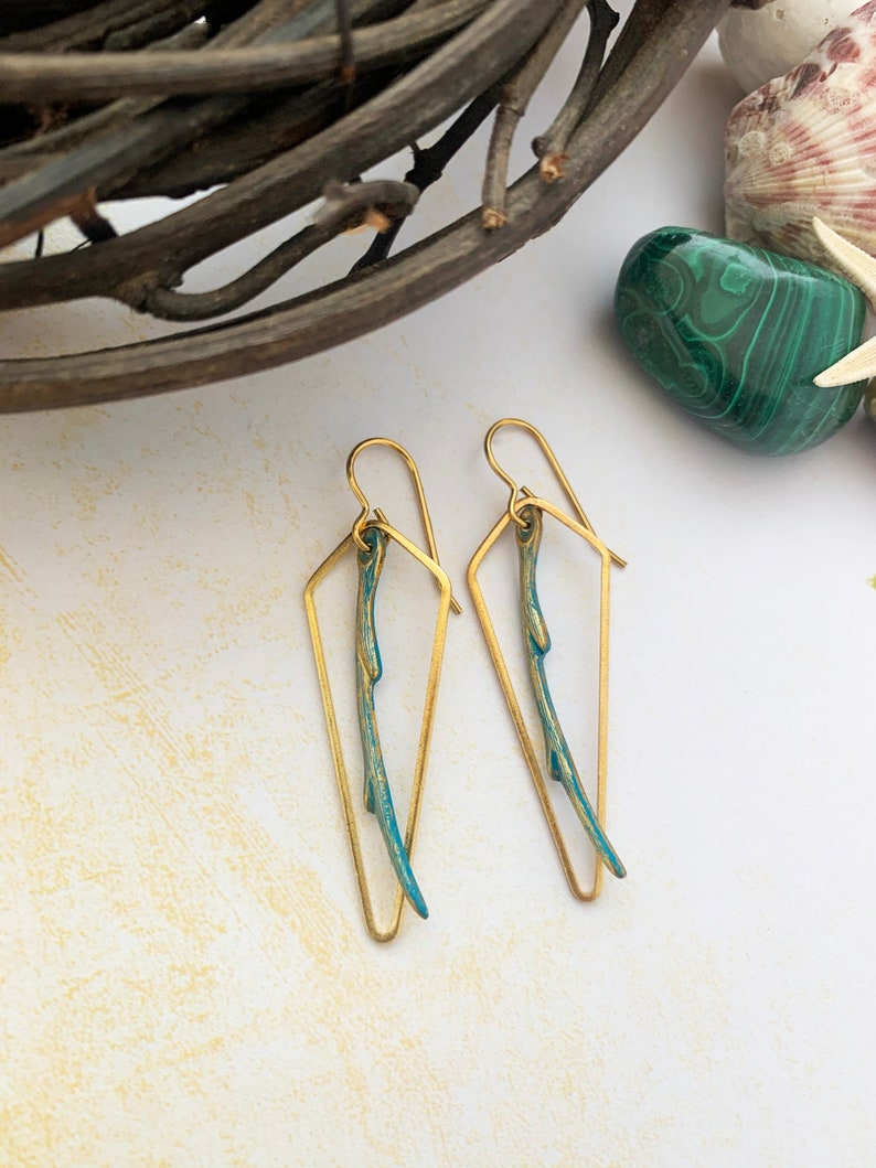 Vintaj Natural Brass Branch Earrings Tree Branch Earrings Chevron Frame Earrings