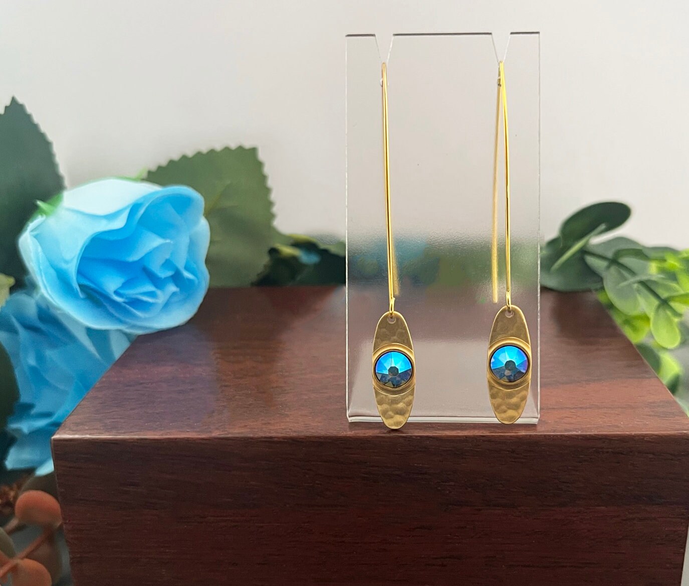Gold Earrings Long Gold Earrings Gold and Blue Earrings - Etsy