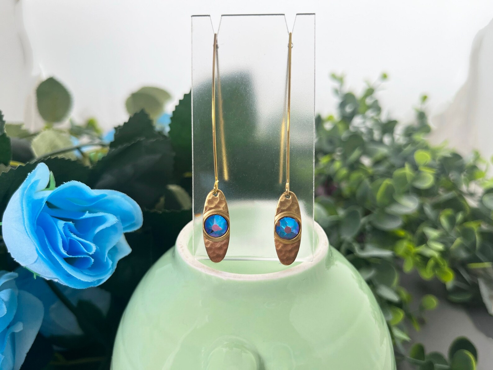 Gold Earrings Long Gold Earrings Gold and Blue Earrings - Etsy
