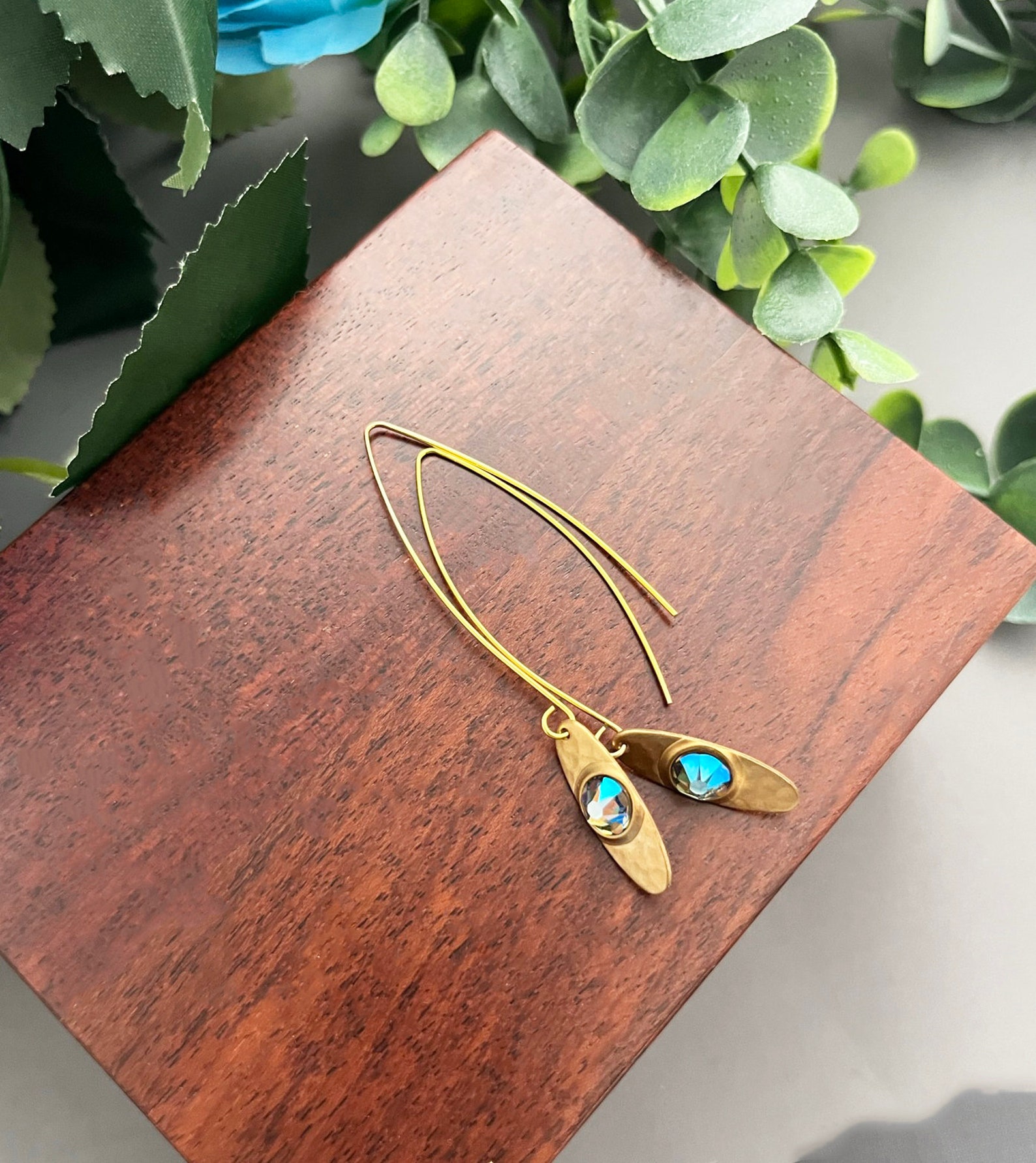 Gold Earrings Long Gold Earrings Gold and Blue Earrings - Etsy