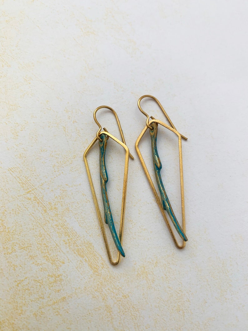 Vintaj Natural Brass Branch Earrings Tree Branch Earrings Chevron Frame Earrings
