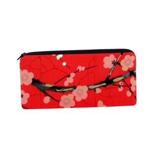 Pencil Pouch Zippered, Asian Cherry Blossoms, Golden Garden, Red Money Purse