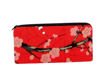 Pencil Pouch Zippered, Asian Cherry Blossoms, Golden Garden, Red Money Purse