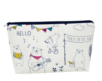 Bear Cosmetic Bag, Forest Party Time Canvas Make Up Zipper Pouch