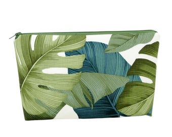 Zippered Make Up Bag, Green Tropical Leaves, Hawaiian Banana Leaf, Cosmetic Zipper Pouch