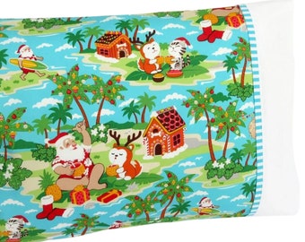 Christmas Pillow Case, Hawaiian Island Santa, Standard Bed Kids Pillowcase,
