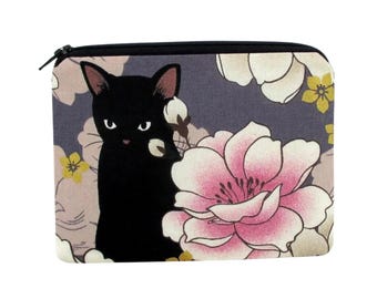 Small Zipper Pouch, Black Cat Floral on Dusty Purple, Notions Bag or Zippered Coin Purse