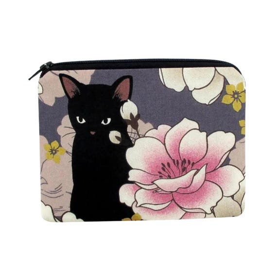 Small Zipper Pouch, Black Cat Floral on Dusty Purple, Notions Bag or Zippered Coin Purse