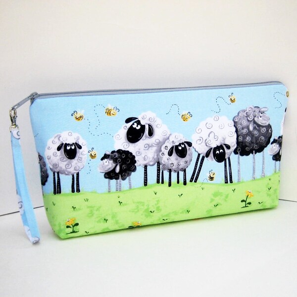 Knitting Project Bag, Large Zipper Pouch, Sheep in the Meadow