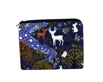 Deer Zipper Pouch, Nighttime in Bluebell Woods, Cute Animal Coin Purse