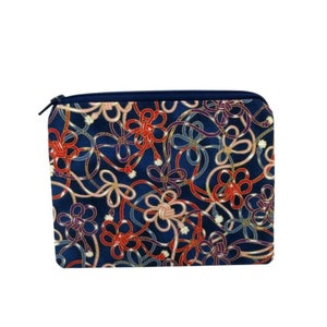 Japanese Fabric Zipper Pouch: Navy Blue Loops and Bows Coin Purse