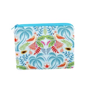 May include: A rectangular pouch with a tropical pattern featuring parrots, palm trees, and various flowers in shades of orange, pink, green, and blue. The pouch has a light blue zipper and a matching border.