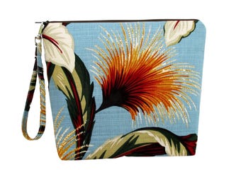 Project Bag, Vintage Aloha Barkcloth Bag, Tall Zippered Pouch, Retro Hawaiian Bag