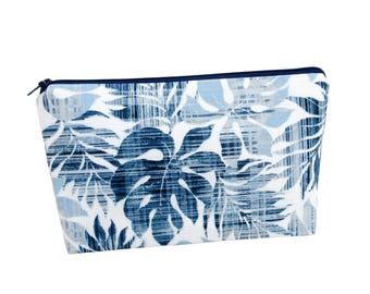 Zippered Make Up Bag, Blue Leaf Tropical, Cosmetic Zipper Pouch