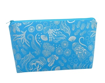 Fancy Ocean Make up Cosmetic Zipper Pouch, Luxe Silver Metallic Sea Life