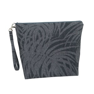 May include: A gray zippered pouch with a black and white tropical leaf pattern. The pouch has a black strap.