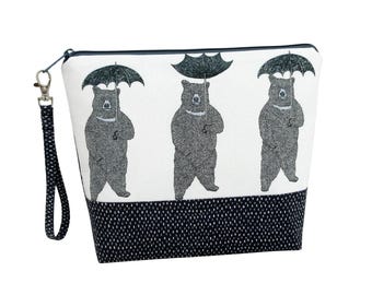 Bear Tall Zippered Pouch, Bears with Umbrellas, Knitting or Craft Project Bag