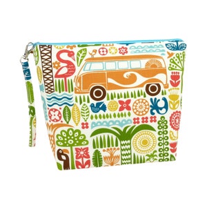 May include: A white zippered pouch with a colorful pattern of a vintage van, palm trees, birds, and flowers. The pouch has a blue zipper and a brown strap.