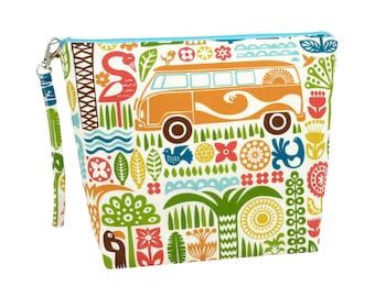 Tall Zippered Pouch, Retro Summer Surf Bus Project Bag,