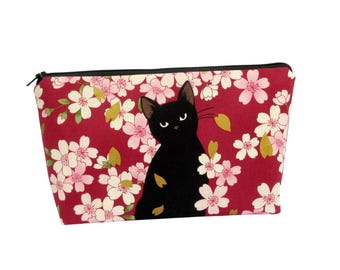 Cherry Blossom Cat Zipper Pouch, Maroon Cosmetic Bag