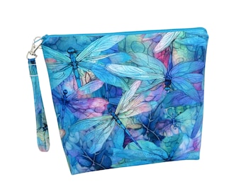 Tall Zippered Pouch, Aqua Dragonfly Dreams, Cosmetic Bag or Project Bag