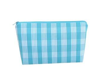 Makeup Bag, Palaka Plaid in Aqua, Yarn-dyed Cosmetic Zipper Pouch