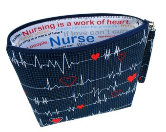 Nurse Zippered Cosmetic Pouch with Strap, EKG Heart Print