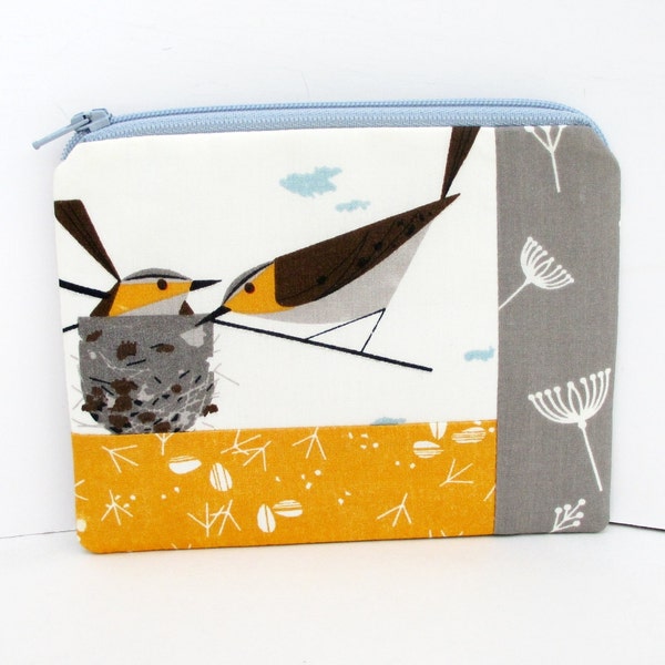 Small Zippered Pouch, Charley Harper Birds in Nest, Patchwork Coin Purse