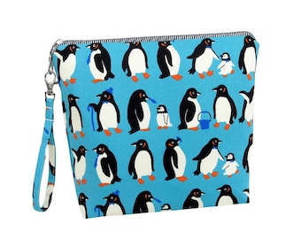 Tall Zippered Pouch, Penguins on Turquoise, Canvas Project Bag or Cosmetic Bag