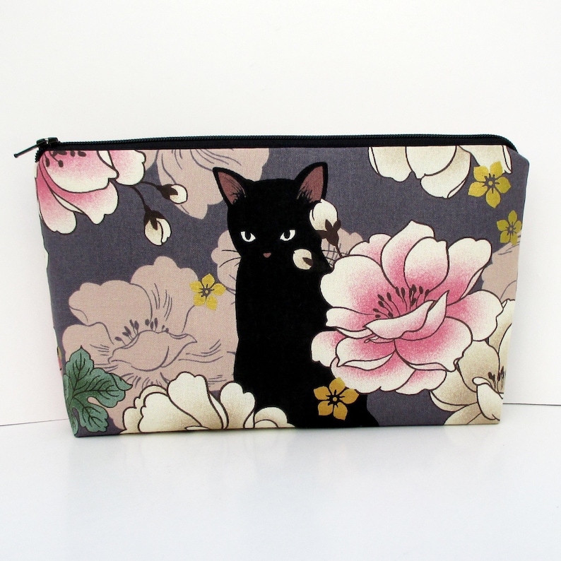Zippered Make up Bag Black Cat Floral Muted Purple Cosmetic Etsy