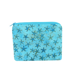 Small Zipper Pouch, Aqua Starfish Coin Purse, Gift for Ocean Lover